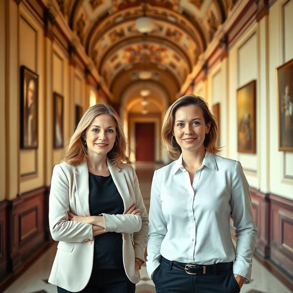 Dva finanční poradci ve formálním obleku v chodbě historické plzeňské budovy v krémově-burgundských tónech